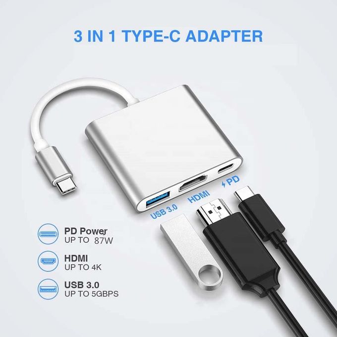 Adaptateur USB C HDMI 3 en 1, Adaptateur Type C vers HDMI 4K avec USB C