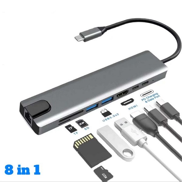 ADAPTATEUR TYPE-C 8 IN 1 TO USB TYPE-C / HDTV / USB /SD+SF / RJ45