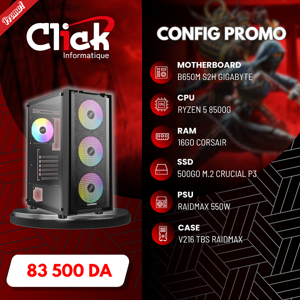 CONFIG R5 8500G / 16GO RAM CORSAIR /CRUSIAL P3 500GO M.2/ B650M S2H GIGABYTE/ RX550/RAIDMAX V216 TBS – Image 1