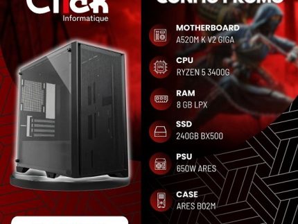 CONFIG / R5 3400G /RAM 8GO LPX /SSD 240GO BX500 / A520M K  V2 GIGA/ 650W ARES /ARES B02M